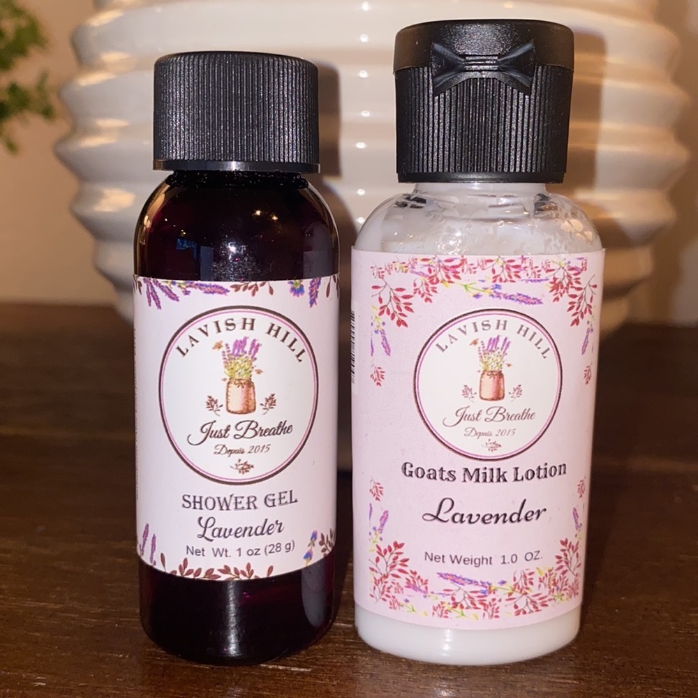 Lavish Hill Lavender shower gel & goats milk lotion (each bottle is 1 oz. /28 g) - Picture 1 of 6